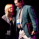 Alison Brown and Geoff Stelling with his Distinguished Achievement Award at IBMA 2011 - photo © Dean Hoffmeyer