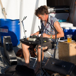 Richie Stearns with The Horseflies prepares his pedal board at Grey Fox 2016 - photo © Tara Linhardt