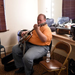 Tony Mabe warming up backstage at the Remembering Miss Dixie taping at Song of the Mountains (May 7, 2016) - photo by David Johnson
