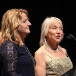 Claire Lynch and Laurie Lewis presenting at the 2016 International Bluegrass Music Awards - photo by Frank Baker