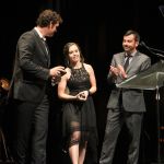 Sierra Hull accepting her Mandolin Player of the Year Awards at the 2016 International Bluegrass Music Awards - photo by Frank Baker