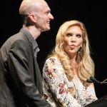 John Virant and Alison Krauss speak during the Hall of Fame induction for Rounder Records founders at the 2016 International Bluegrass Music Awards - photo by Frank Baker