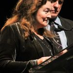 Marion Leighton-Levy accepting the Hall of Fame induction at the 2016 International Bluegrass Music Awards - photo by Frank Baker