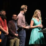 Mountain Faith accepting for Emerging Artist of the Year at the 2016 International Bluegrass Music Awards - photo by Frank Baker