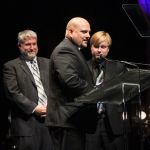 Frank Solivan & Dirty Kitchen accepting as Instrumental Group of the Year at the 2016 International Bluegrass Music Awards - photo by Frank Baker