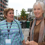 Murphy Henry and Laurie Lewis outside the Raleigh Convention Center at World of Bluegrass 2014 - photo by Becky Johnson