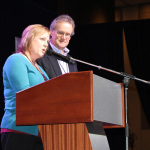 Kimberly and Blake Williams accepting a Bluegrass Event of the Year trophy for the Sparta Lester Flatt Celebration at World of Bluegrass 2015 - photo by Becky Johnson