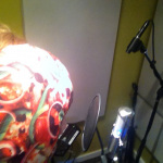 Becky Buller with her pizza pillow at Dark Shadow Recording