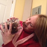Kimberly Williams gives in to the Tom Selleck cookies checking photos in the studio working on Becky Buller's new album (3/25/14)