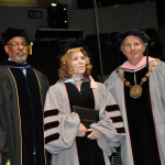 Alison Krauss accepts her honorary degree from Berklee - Provost Larry Simpson, Alison Krauss, President Roger Brown. Photo by Phil Farnsworth
