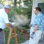 Neal Sasser (left) and Wayne Blythe bending wood for a banjo rim