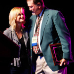 Alison Brown and Geoff Stelling with his Distinguished Achievement Award at IBMA 2011 - photo © Dean Hoffmeyer