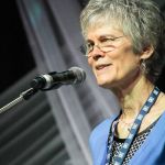 Penny Parsons accepting her Print Media Person of the Year at World of Bluegrass 2016 - photo by Frank Baker