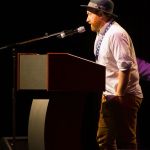 Andy Dinnigan with Lil' Smokies accepts their Momentum Award at World of Bluegrass 2016 - photo by Frank Baker