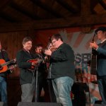 Ryan Paisely, Travelin\' McCourys jam with Steep Canyon Rangers at the Gettysburg Bluegrass Festival (August 2014) - photo by Frank Baker