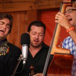 Ronnie McCoury, Jason Carter and Alan Bartram with Travelin' McCourys at the August 2013 Gettysburg Bluegrass Festival - photo by Frank Baker