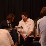 Chris Thile and Jerry Douglas chat backstage at Grey Fox 2013 - photo by David Moultrup