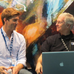 Jens Koch and John Lawless at the Bluegrass Today booth at WOB 2012 - photo by Woody Edwards