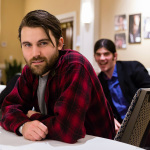 Patrick M'Gonigle and Stash Wyslouch backstage at the 2015 Joe Val Bluegrass Festival - photo by David Hollender
