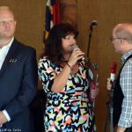 MC Cindy Baucom with Jamie Dailey and Darrin Vincent at the 2015 Dailey & Vincent Land Fest - photo © Bill Warren