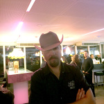 Kristian Juul wearing CJ's cowboy hat in Copenhagen during the Po' Ramblin' Boys 2016 Back to the Mountains Euro Tour