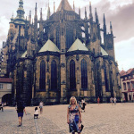 Rhonda Vincent posing in front of an historic church in Prague during their 2015 European Tour