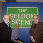 Mike Auldridge, Tom Gray and Dudley Connell backstage at the Birchmere with the Seldom Scene Road Sign - photo by Katy Daley