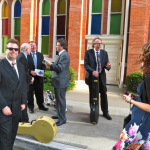 Banjo players outside The Ryman after the Earl Scruggs memorial: Ned Luberecki, Chris Warner, Tom Adams, Bill Evans, Tony Trischka, (4/1/12) - photo by Terry Herd