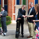 Chris Warner, Bill Evans, Tony Trischka, Greg Deering and Jamie Deering outside The Ryman after the Earl Scruggs memorial (4/1/12) - photo by Terry Herd