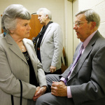 Jean McCoury and Herschel Sizemore chat backstage at the Sizemore Benefit Show in Roanoke (2/19/12) - photo © Dean Hoffmeyer