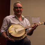 Charlie Cushman with Gibson RB Belle Voce, original flathead, 5-string banjo, made in the latter part of 1929 at Wide Open Bluegrass 2015. Notice the original 1930s Rogers 3-star calfskin head. Photo by Tara Linhardt