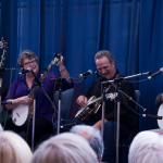 Clawhammer banjo players Raymond McLean, Frank Lee, Mark Johnson, Adam Hurt at Masters workshop at Wide Open Bluegrass 2015 - photo by Tara Linhardt