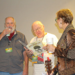 Bill Foster, Bill Knowlton, and Louisa Branscomb at World of Bluegrass 2015 - photo by Becky Johnson