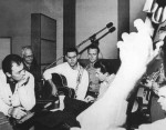 Tracking session for Bluegrass Hootenanny in 1964: Ray Walker (The Jordanaires), Pappy Daily, Tommy Jackson, George Jones, unknown, Curtis McPeake, Pig Robbins, Junior Husky (with the bass)