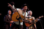 Alan Bartram, Marcus Mumford and Del McCoury at the Double Stop Fiddle Shop - photo by Tom Dunning