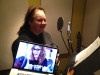 Dale Ann Bradley and Becky Buller communicate in the studio by webcam