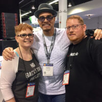 Carolyn and Daniel Routh of Nu-Blu meet actor/comedian Sinbad at the 2017 NAMM show