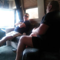 Steve Dilling and Brad Hudson chilling on the Sideline bus as they roll west towards this weekend's gigs (2/8/17)
