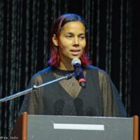 Rhiannon Giddens delivers the keynote address at the 2017 World of Bluegrass in Raleigh, NC - photo © Bill Warren