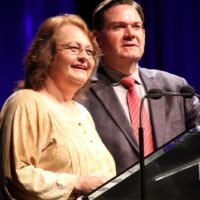 Dale Ann Bradley and Joe Mullins presenting at the 2017 IBMA Awards - photo by Frank Baker