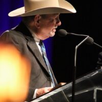 Bobby Hicks accepts his induction into the Hall Of Fame at the 2017 IBMA Awards - photo by Frank Baker