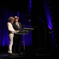 Sam Bush and Jerry Douglas at the 2017 IBMA Awards - photo by Frank Baker