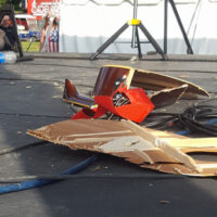 The remains of a guitar after being smashed to the stage by Skip Cherryholmes with Sideline at SamJam 2017