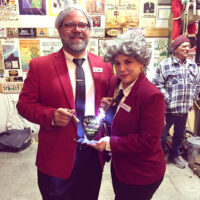 1st place winners at Danny Clark's 2017 Bluegrass Halloween Party at the Bluegrass Bus Museum, Ryman Hospitality Guides! — with Nathan Shuppert and Emilee Warner
