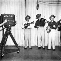 George Woody (camera operator), Pee Wee Lambert, Les Woodie, Ralph Stanley, and Carter Stanley at WSAZ circa 1950