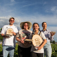 Intermediate banjo winners with their trophies and homemade pies at the 2018 National Oldtime Fiddlers Contest - photo © Tara Linhardt