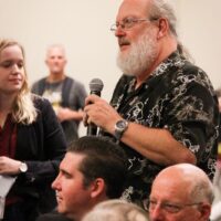 Asking questions at Town Hall Meeting during World of Bluegrass 2018 - photo © Frank Baker