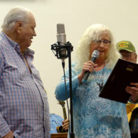 Vivian Pennington-Hopkins presents A.L. Wood with a plaque at Wood's honorarium (8/17/19) in Troutman, NC - photo by Gary Hatley