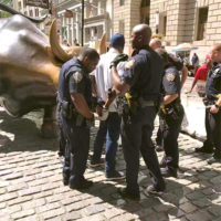 Tevon Varlick is detained by police after an attack on the Charging Bull statue in New York (9/7/19) - photo by Christian Benavides (PIX11 News)