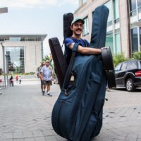 Andrew Small on his way to a gig at Wide Open Bluegrass 2019 - photo © Tara Linhardt